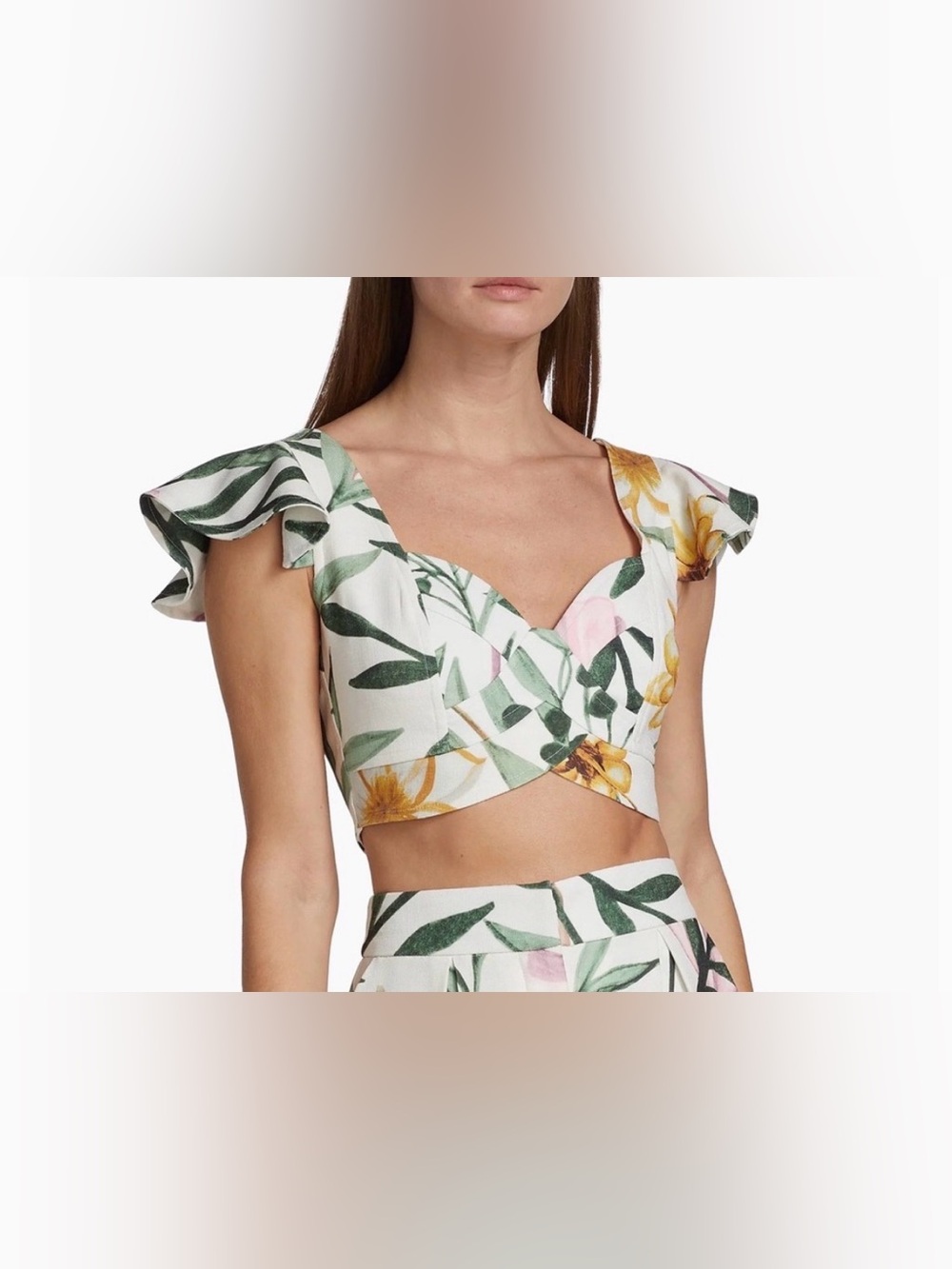 PatBO White Floral Wrap Crop Top with Green Leaves and Yellow Blooms